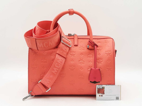 Mcm Ottomar Essential Boston Bag In Embossed Hot Coral Leather Fw0825lexdu