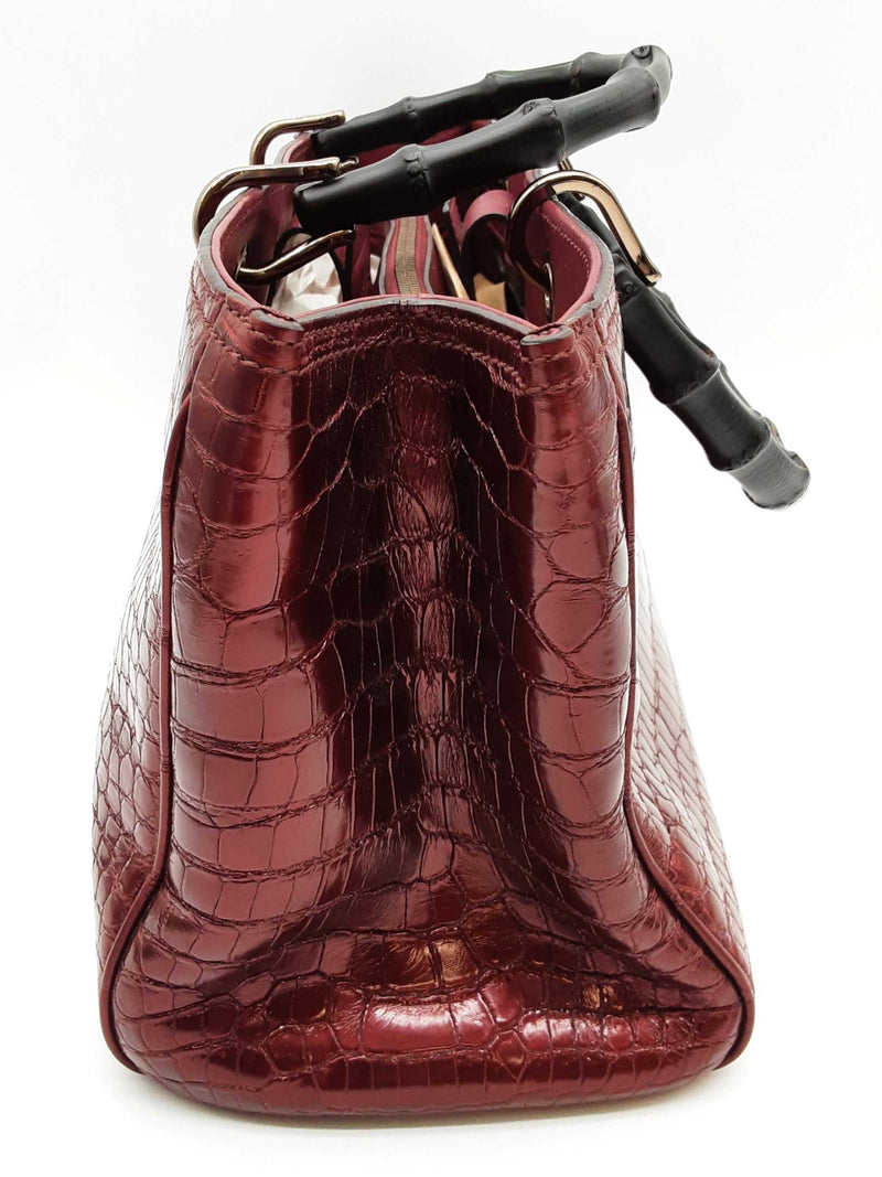 Gucci 323660 Burgandy Red Alligator Leather Bamboo Shopper Tote Do0225wpxzde