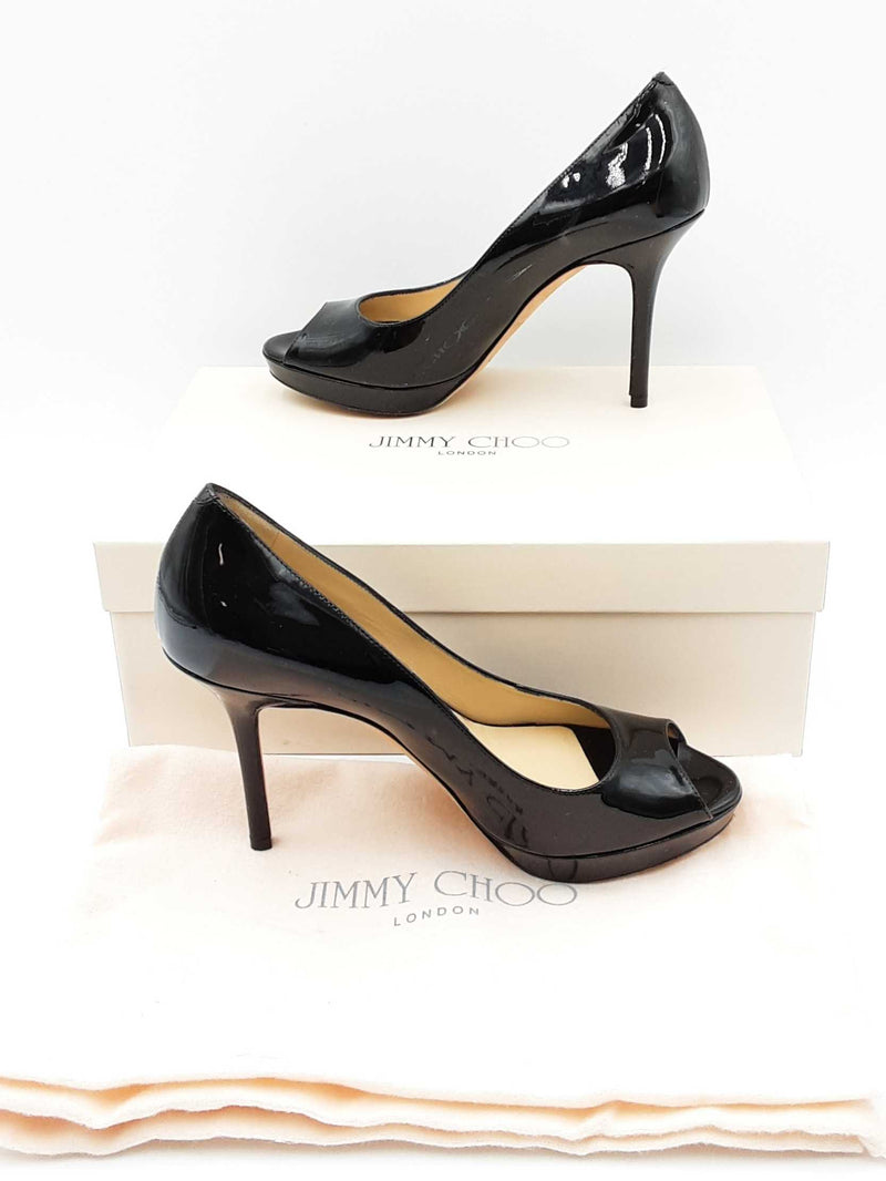 Jimmy Choo popular Beck Peep-Toe Flats Size 35.5 Black Patent Leather Career Academia