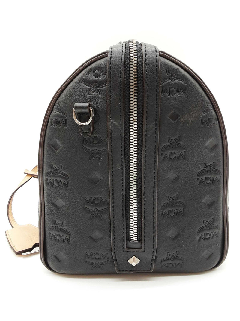 Mcm Ottomar Essential Black Logo Embossed Leather Boston Bag Do0825orxde