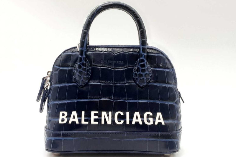 Balenciaga Ville Crocodile Embossed Blue Leather Top Handle Bag Eb0425lrxsa