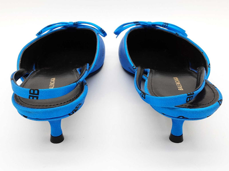 Balenciaga Knife Mules Logo Blue Satin Heels Size Eu 38 Do0725pxde
