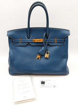 Hermes Birkin 35 Thalassa Blue Clemence Gold Hardware Handbag Do0825sxzxde