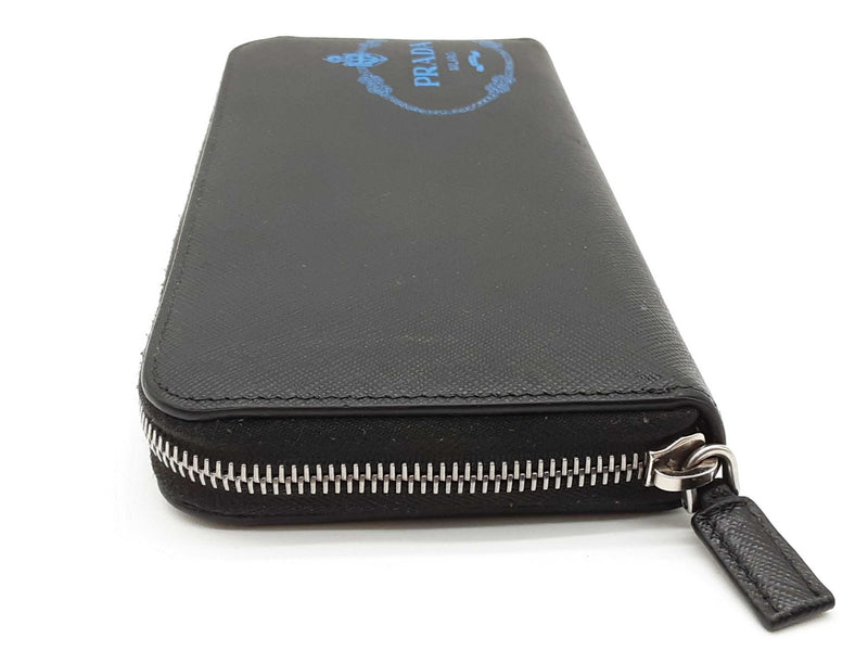 Prada Blue Logo Black Saffiano Leather Zip Wallet Do1025orxde