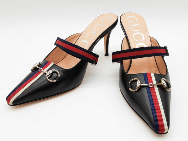 Gucci 549617 Malaga Horesbit Blue Web Mule Heels Size Eu 36.5 Do0825lxzde