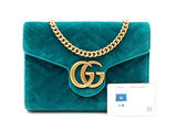 Gucci Gg Marmont Matelassé Chain Wallet In Pavone Cyan Velvet Fw0725wrzdu