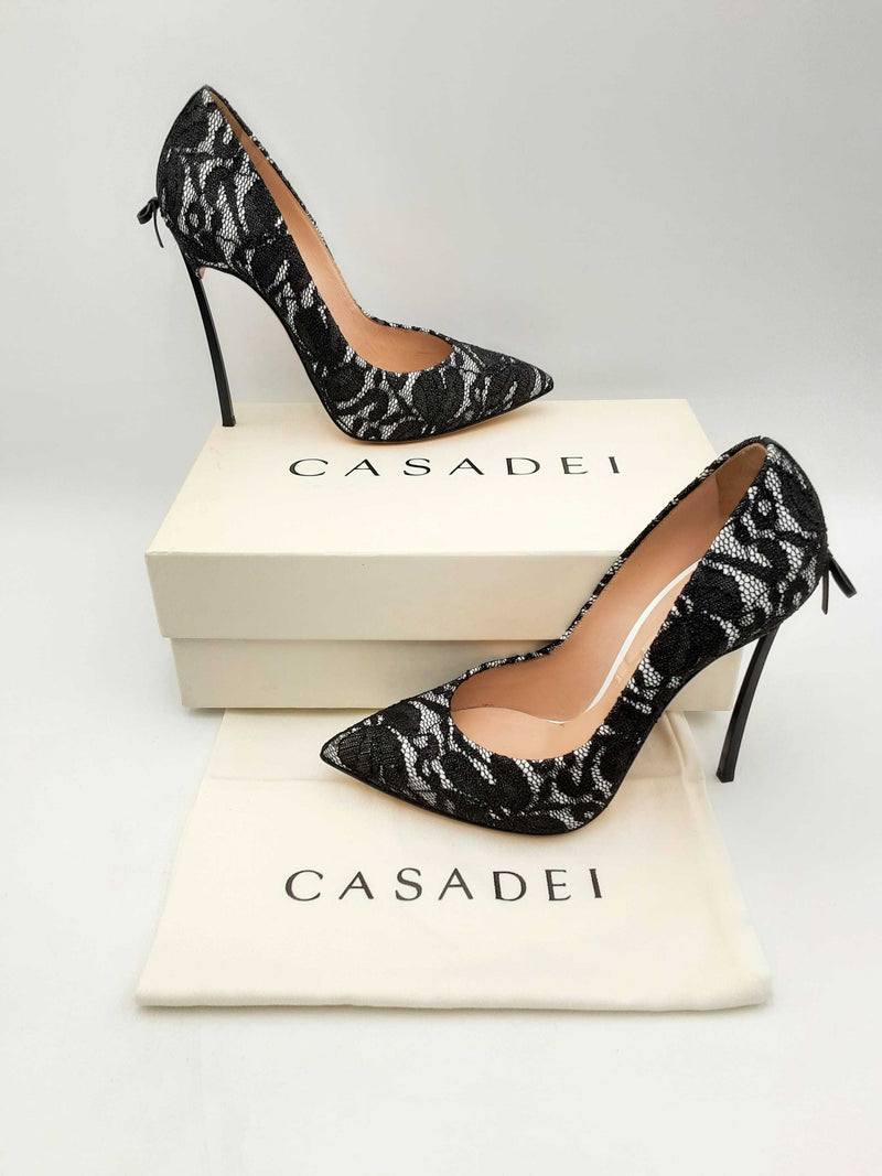 Casadei Black Lace & White Minorca Leather Pumps Size Eu 40 Fw1124cxsa