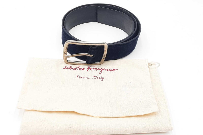 Salvatore Ferragamo Navy Blue Suede Belt With Silver Tone Buckle Eb0624rxdu