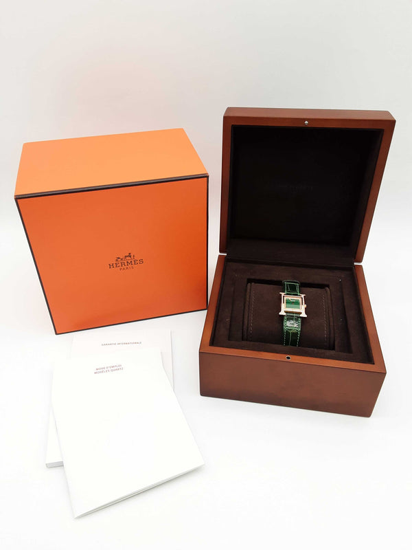 Hermes 25 Heure H Green Malachite Dial Rose Gold Quartz Watch Do0325crxzde