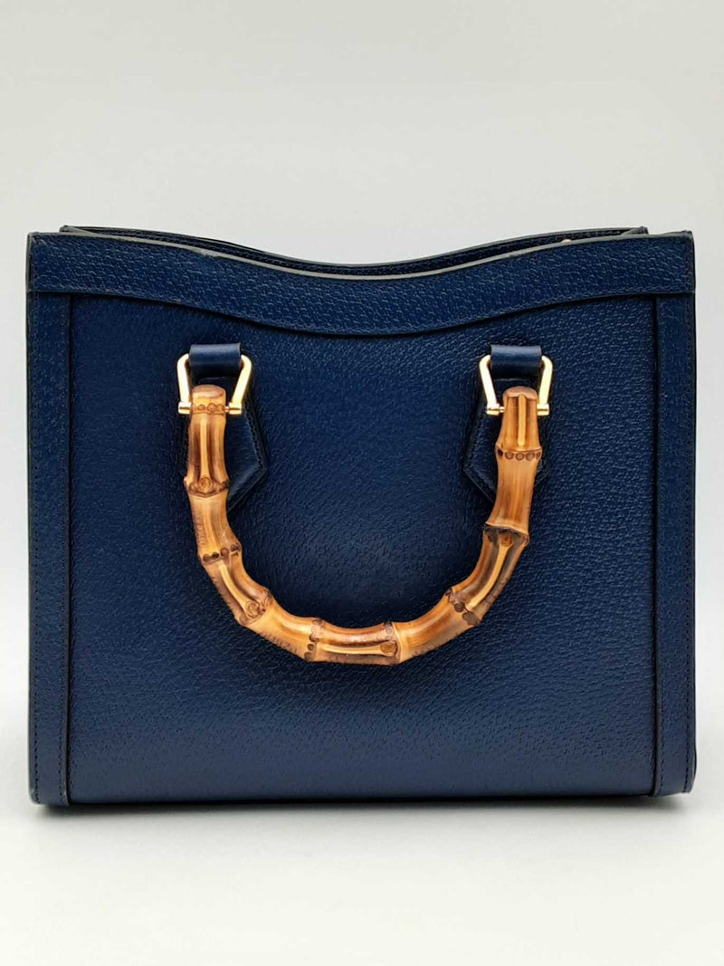 Gucci Diana Navy Leather Tote Bag With Bamboo Handles Eb1024irxsa