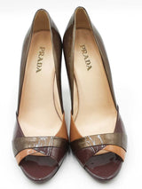 Prada Vern Metal Tricolor Patent Leather Peep Toe Pumps Size 38 Eb0126crdu