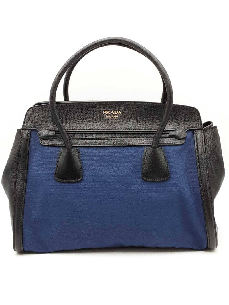 Prada Navy Blue Canvas & Black Saffiano Leather Tote Bag Eb1025oordu