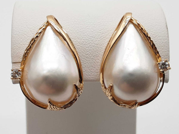 Tear Drop Pearls Diamonds 14k Yellow Gold 11.9g Stud Clasp Earrings Do0525wxzde