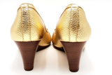 Tory Burch Textured Gold Leather Peep Toe Wedges Size 8.5 Eb0624oxsa