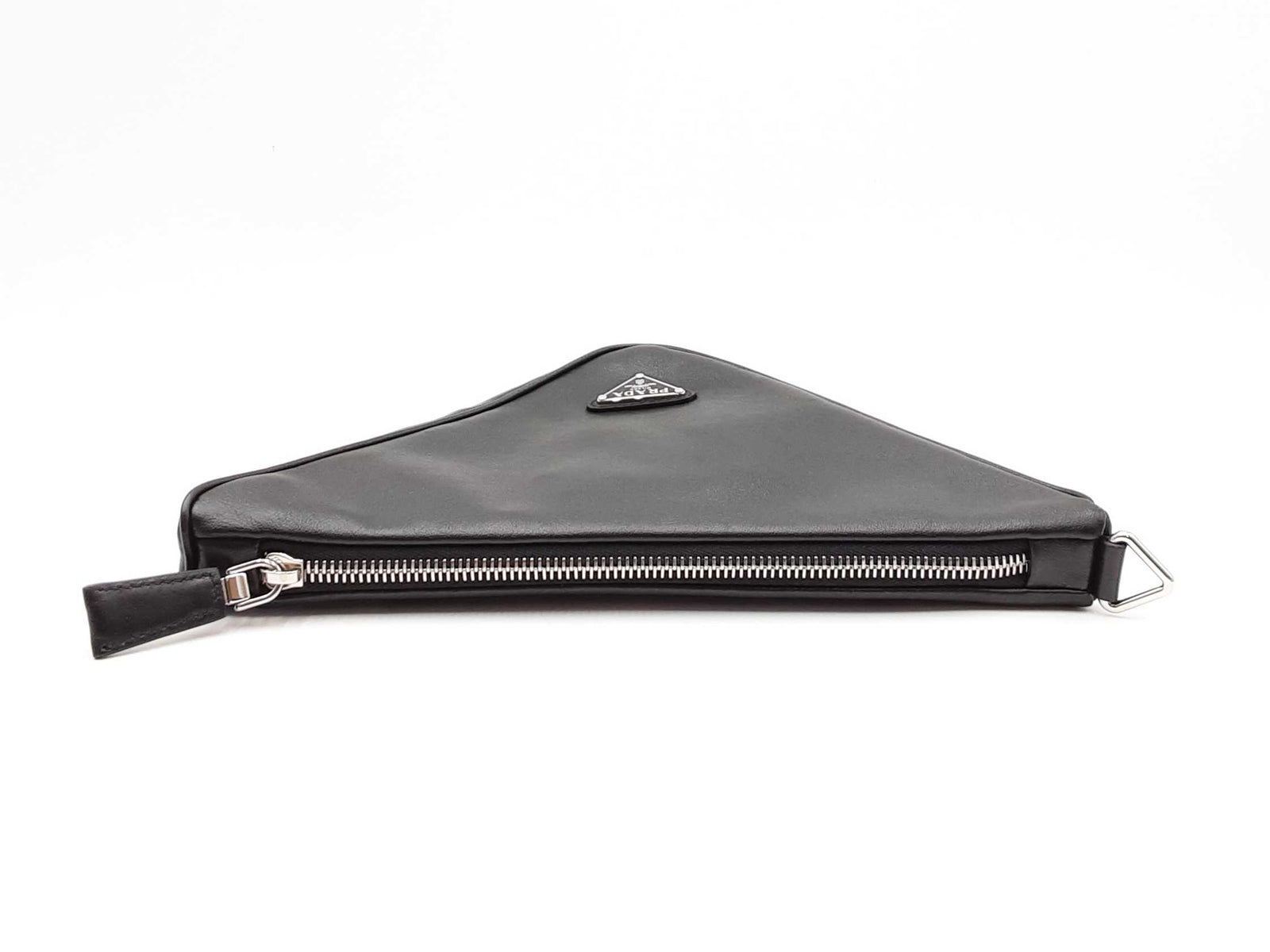 Prada Triangle Embossed Logo Black Leather Clutch