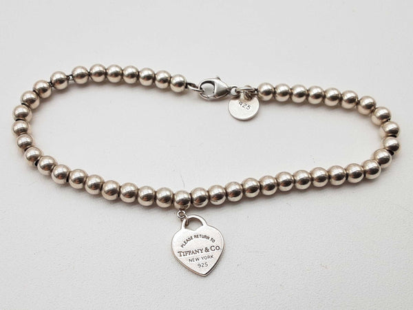 Tiffany & Co Mini Return To Tiffany Heart Tag 0.925 Silver 5.4g Beaded Bracelet 6.5 In Do0325wxde
