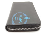 Prada Blue Logo Black Saffiano Leather Zip Wallet Do1025orxde