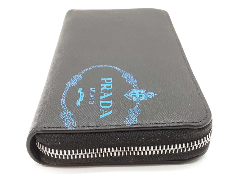 Prada Blue Logo Black Saffiano Leather Zip Wallet Do1025orxde