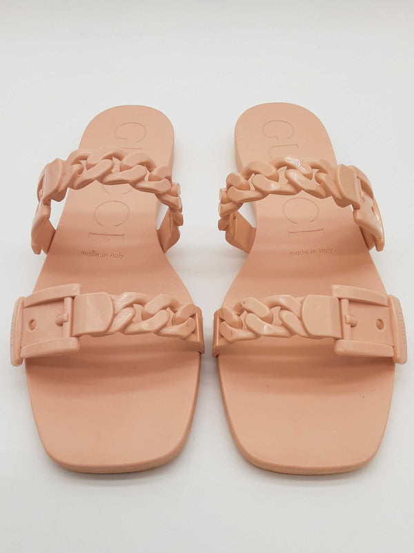 Gucci Pink Chain Link Accent Rubber Slide Sandels Size Eu 38 Do0725lcrde