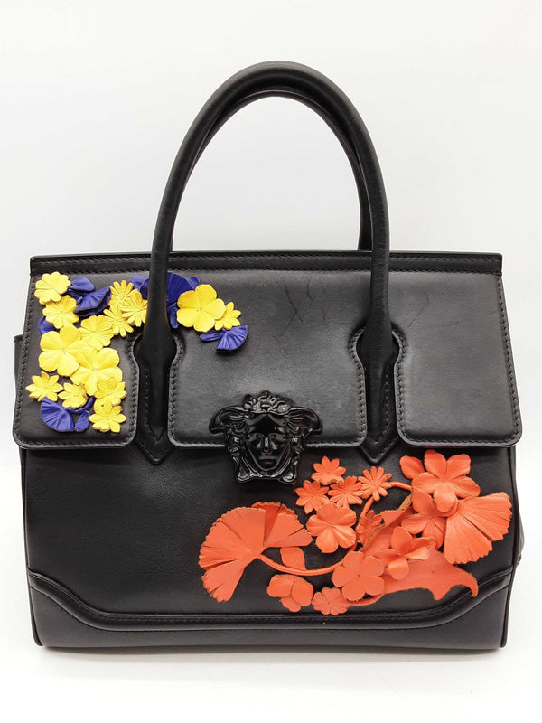 Versace Floral Applique Palazzo Empire Black Leather Handbag Do1224rxzde