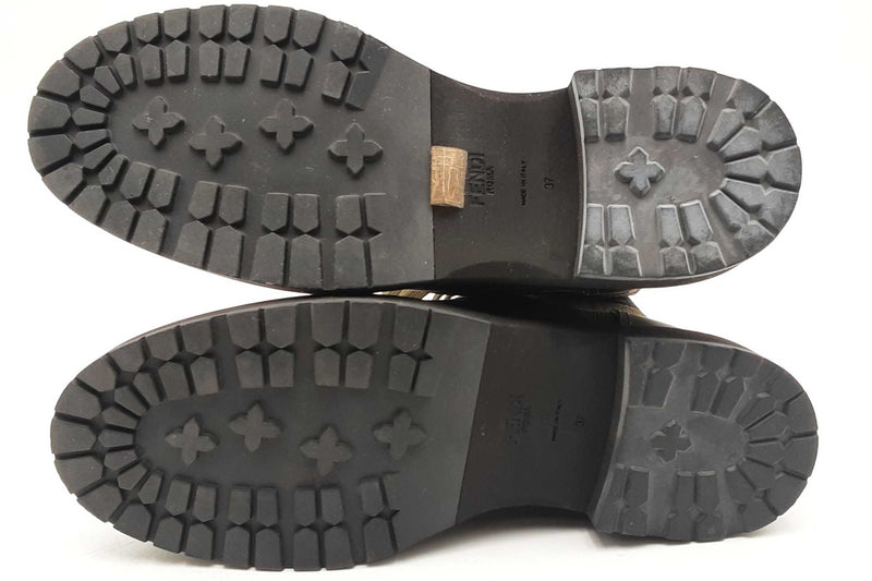 Fendi Rockoko Green Leather & Knit Combat Boots Size 37 Eb0925oxzsa