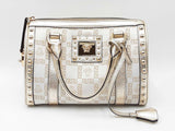 Versace Snap Out Of It Boston Bag In White Canvas & Gold Leather Fw1225oxzdu