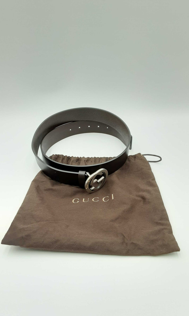 Gucci Leather Belt With Silver Tone Interlocking Gg Buckle Eborxdu