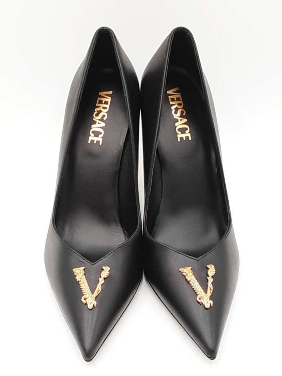 Versace Virtus 100 Black Leather Pointed- Toe Pumps Size Eu
