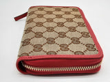 Gucci 420113 Gg Tan Canvas Red Leather Zipper Wallet Do0125lexde