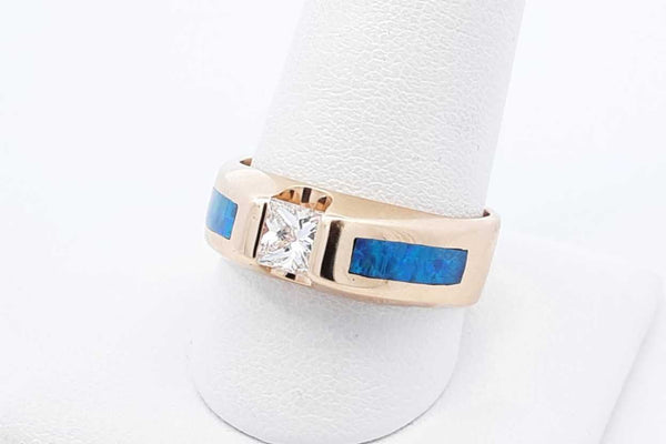0.45ctw Princess Cut Diamond & Opal Ring 14k Yellow Gold 9.4g Size 9 Eb1125rxzdu