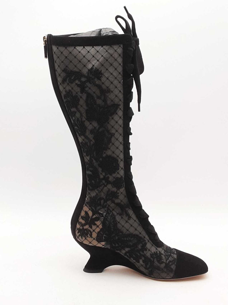 Dior Embroidered Mesh Suede Naughtily-d Knee Boots Black Size 37 Aa1125wzxsa