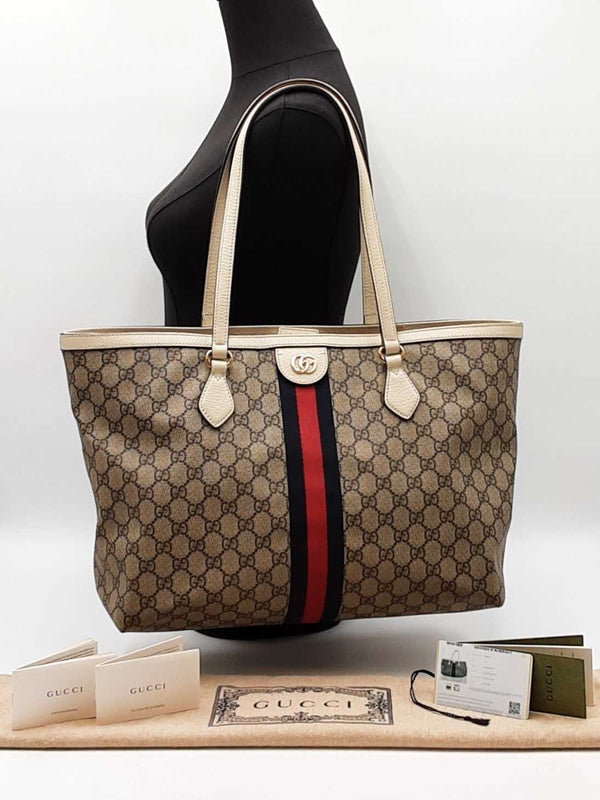 Gucci Ophidia Tote Bag In Gg Supreme Coated Canvas & Beige Leather Fw0525pxzdu