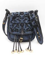 Prada Corsaire Denim Messenger Bag With Back Floral Embroidery Eb0626rxzde