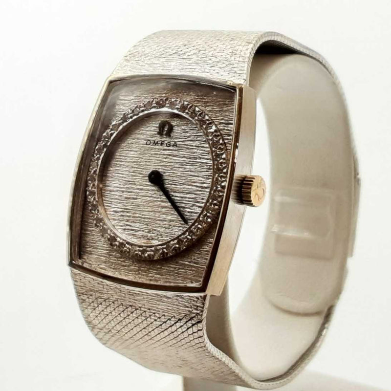 Omega 29 14k White Gold Diamond Dial Mesh Band Quartz Watch Do0725oxzxde