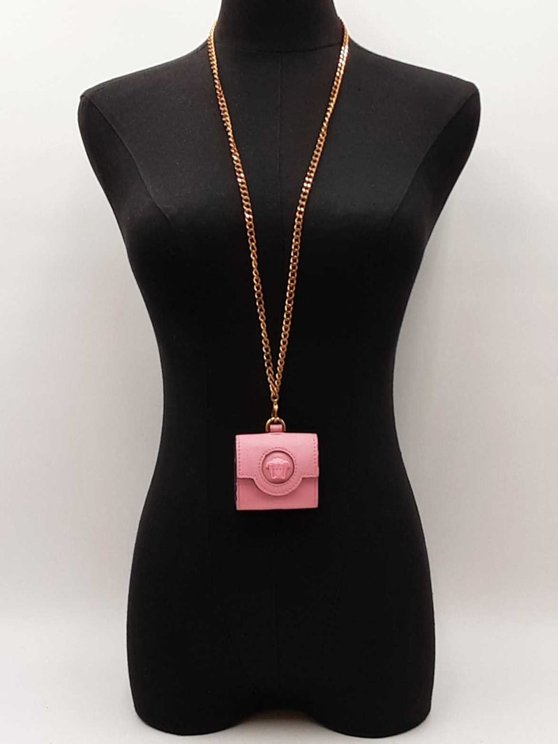 Versace La Mudusa Earbuds Pouch In Pink Leather With Chain Fw0825exdu
