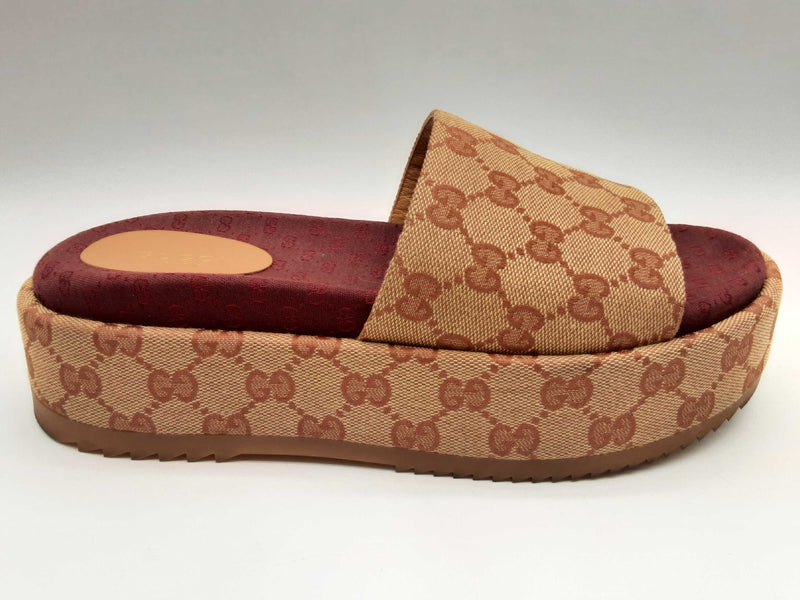 Gucci 573018 Angelina Beige Red Gg Canvas Platform Slides Size 39 Do0924lrxde