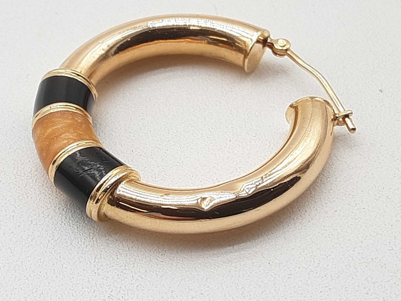 14k Yellow Gold 7.2g Black Yellow Resin Hollow Hoop Earrrings Do0524oxzde