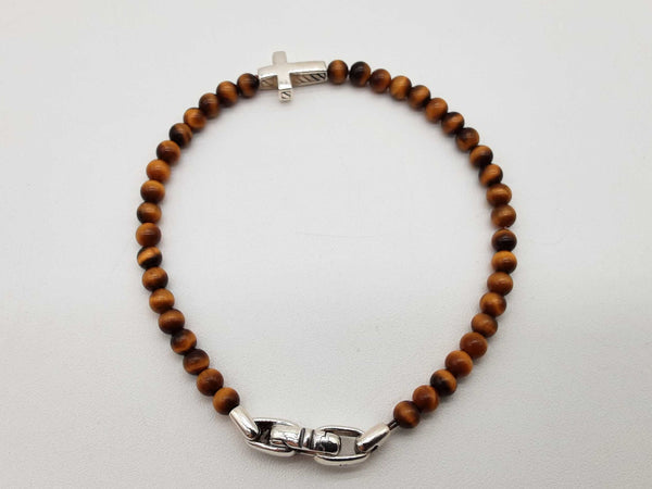 David Yurman 0.925 Silver Cross Tiger's Eye Beaded Bracelet 7.5 In Do1125lxzde