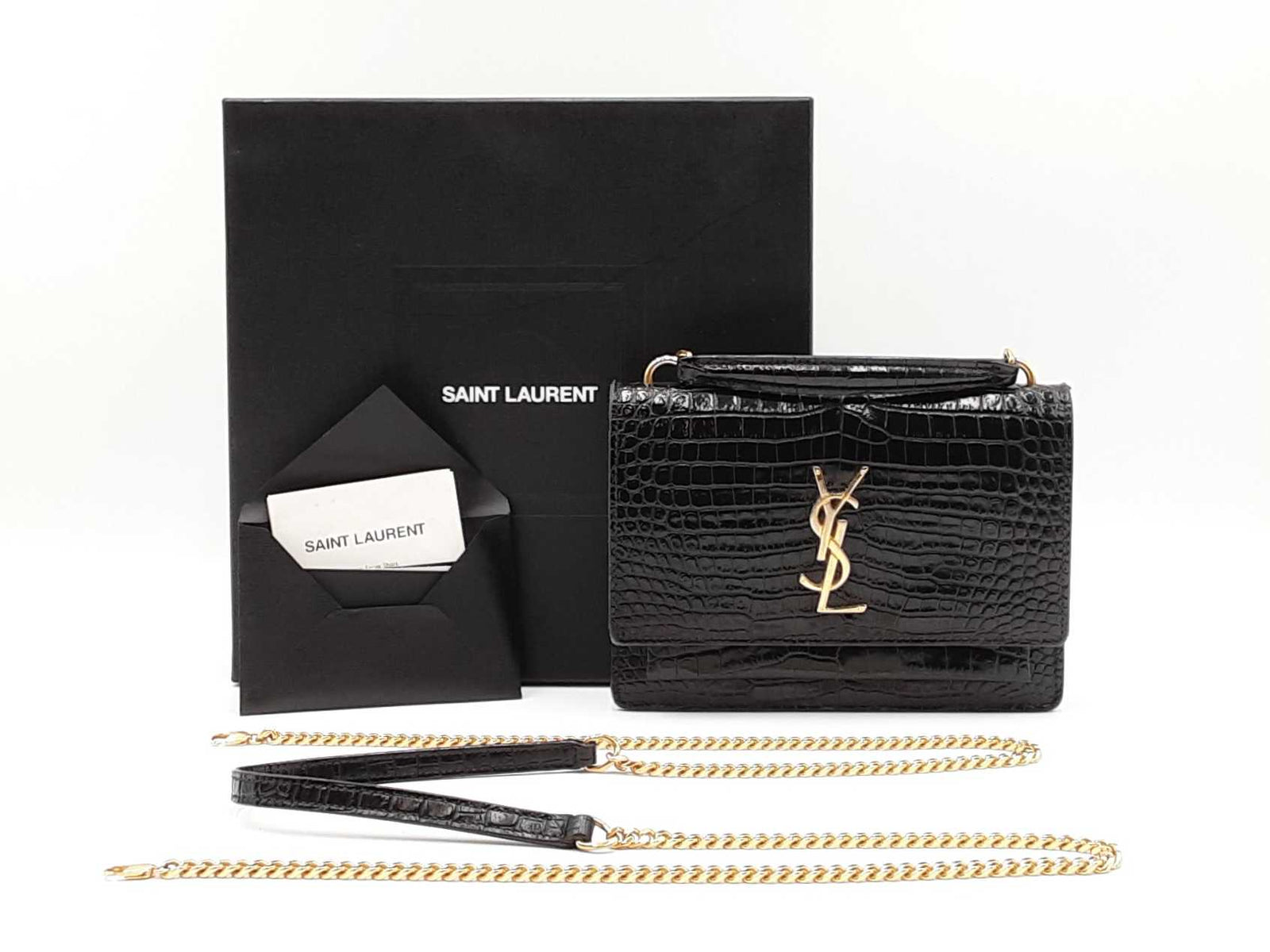 Yves Saint Laurent Sunset Wallet With Chain In Croc-embossed