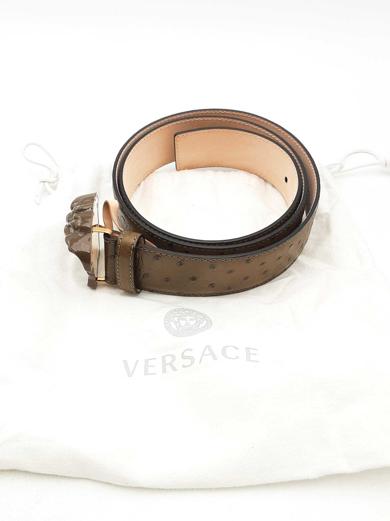 Versace Khaki Ostrich Belt With Medusa Buckle Eb0125lrxsa