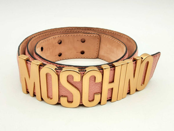 Moschino Pink Leather Belt With Gold Tone Lettering Logo Buckle Fw1224crsa