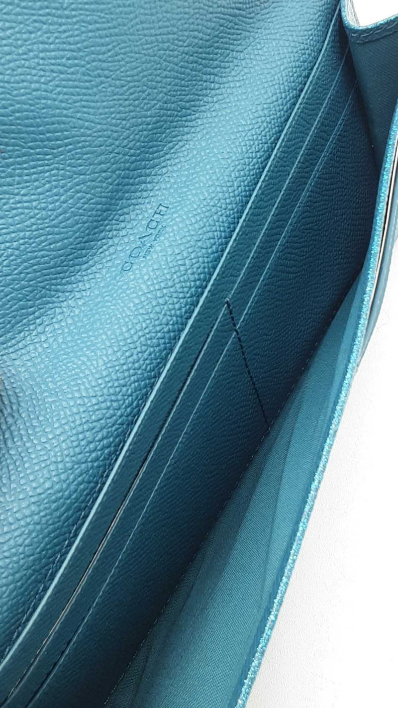 Coach Long Wallet In Glitter Teal Crossgrain Leather Fw0925lrdu