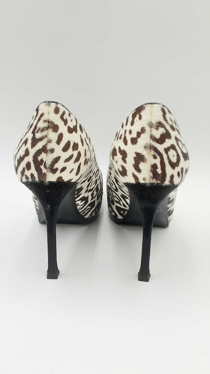 Yves Saint Laurent White Leopard Calf Hair Platform Heels Size 39.5 Fw1124crdu