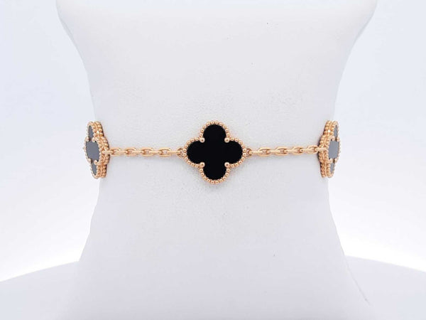 Van Cleef & Arpels 5-motif Onyx Alhambra Bracelet In 18k Yellow Gold 11.6 Grams 7 Inch Fw1025lrzxdu