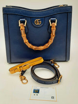 Gucci Diana Navy Leather Tote Bag With Bamboo Handles Eb1024irxsa