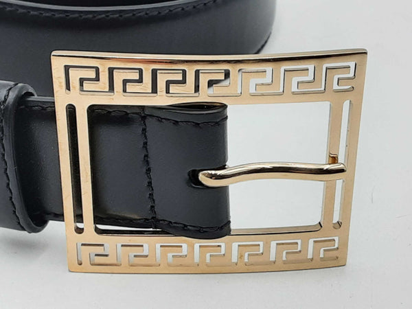 Versace Black Leather Belt With Gold-tone Greca Accent Buckle Fw1224rxsa