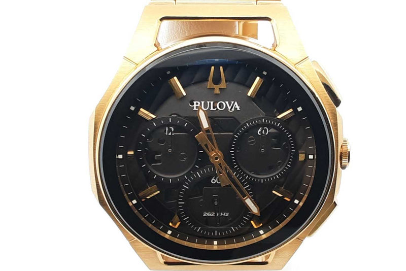 Bulova Curv 44mm Quartz Chronograph Gold Tone Stainless Steel Watch Eb0225lrxsa