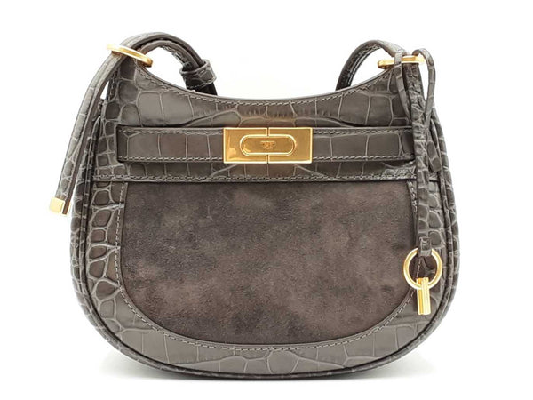 Tory Burch Lee Radziwill Croc-embossed Gray Leather Saddle Bag Fw0225pzdu