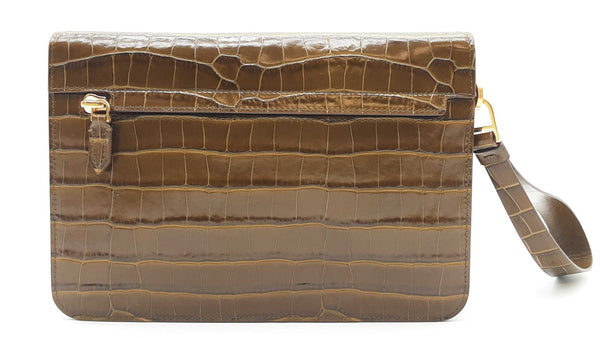 Tom Ford Crocodile Effect T Pin Portfolio Clutch In Khaki Lh0125de