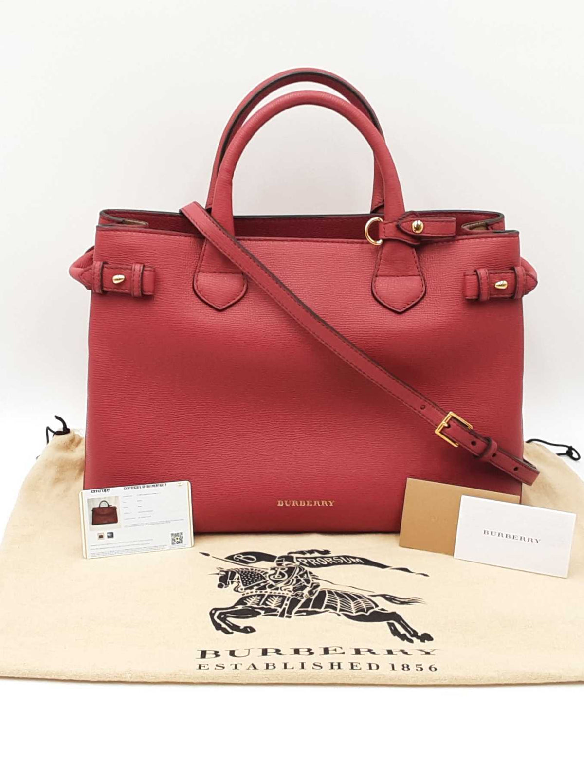 Burberry Banner Tote Bag In Red Leather & House Check Canvas